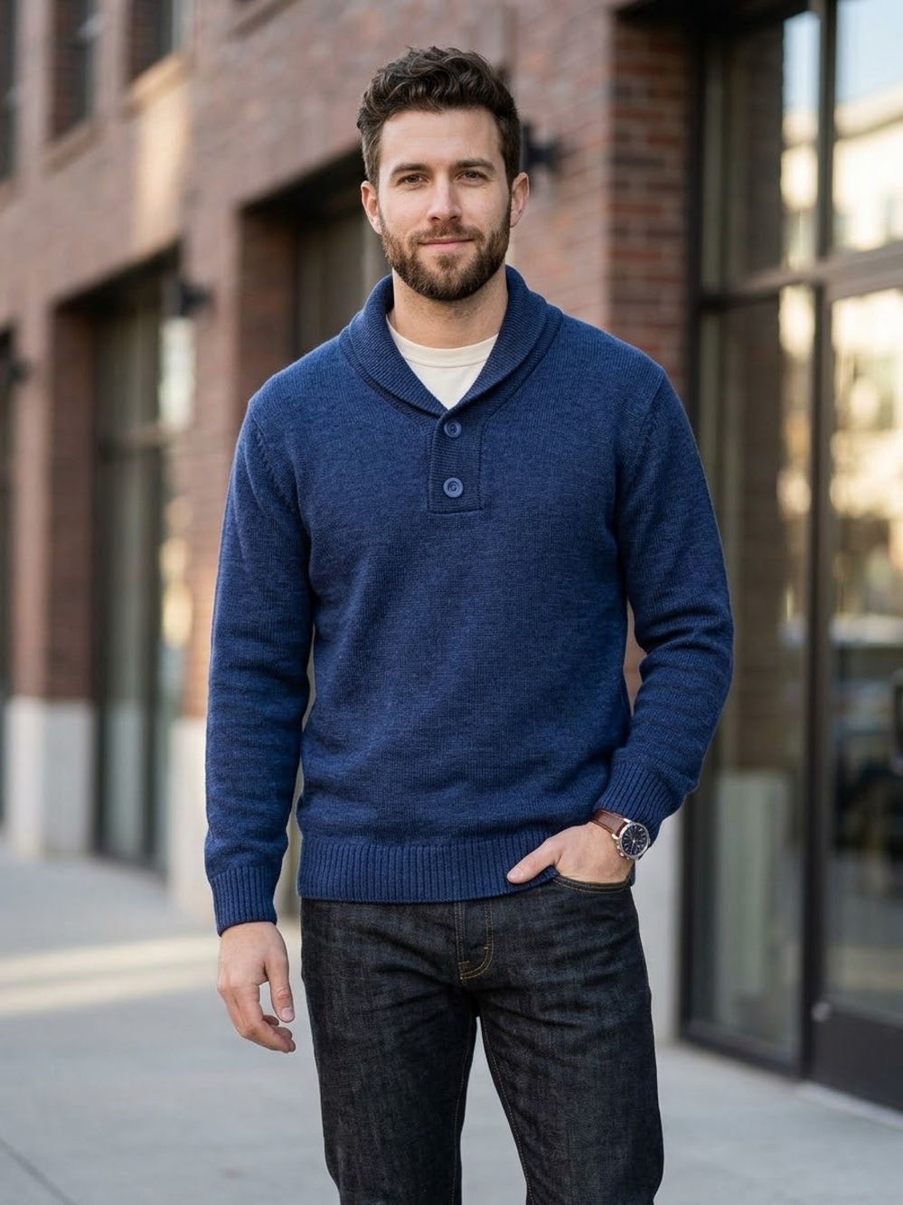 NWT Coofandy Men’s Small Blue Shawl Neck Pullover Sweater Heather Knit
